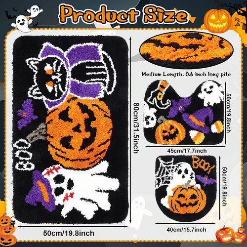 Miniatura 2 de Breling Juego de 3 piezas de alfombras de baño de Halloween, calabaza, antideslizante, lavable, alfombra de fantasmas, negra y púrpura, cubierta