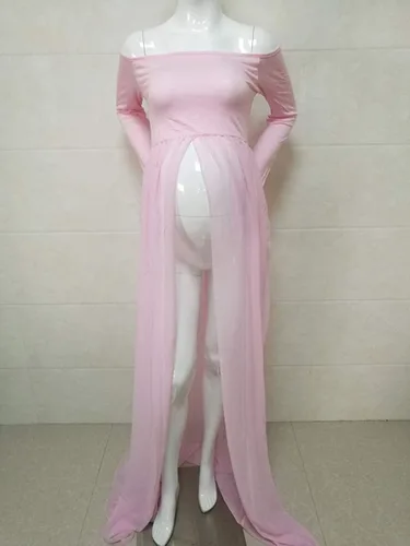 Miniatura 6 de Yuanlar Vestido de maternidad de manga larga con hombros descubiertos, vestido de gasa con abertura frontal para sesión de fotos