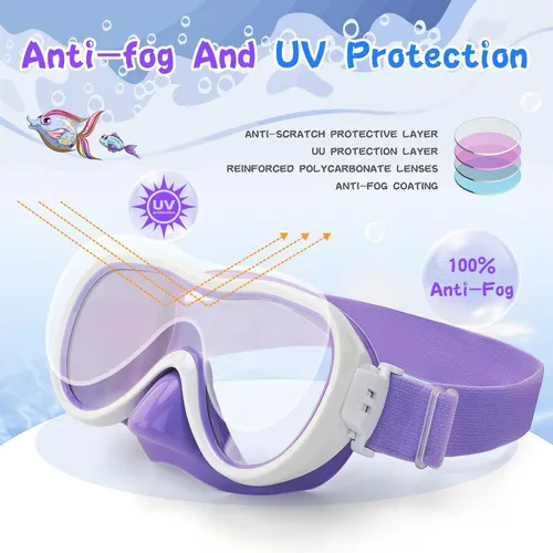 Miniatura 3 de Máscara de snorkel para niños, máscara de buceo de 180° con cubierta para la nariz, gafas de natación antiniebla para niños con correa de tela