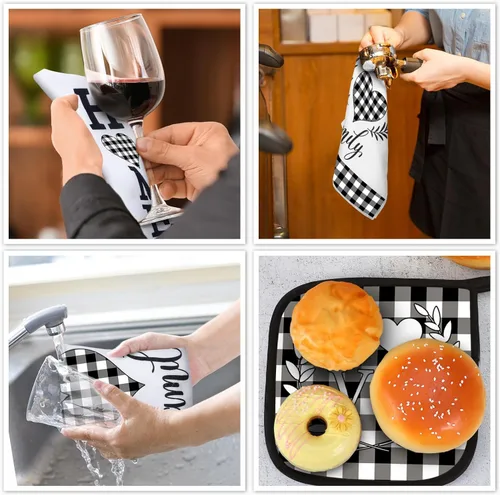 Miniatura 7 de Juego de 5 toallas de cocina a cuadros de búfalo, guantes de horno y soporte para ollas, toallas de cocina en blanco y negro, almohadillas calientes