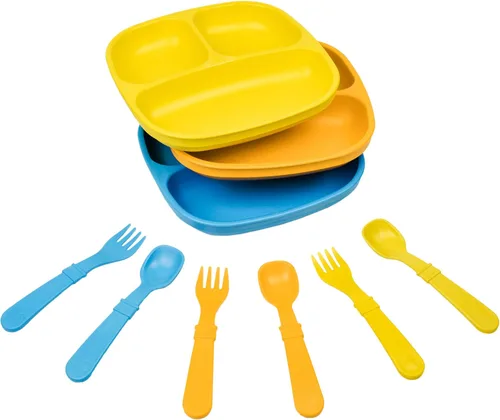 Miniatura 12 de Re-Play Juego de vajilla para niños pequeños, 3 platos divididos con 3 juegos de tenedores y cucharas, vajilla para niños sin BPA, apto