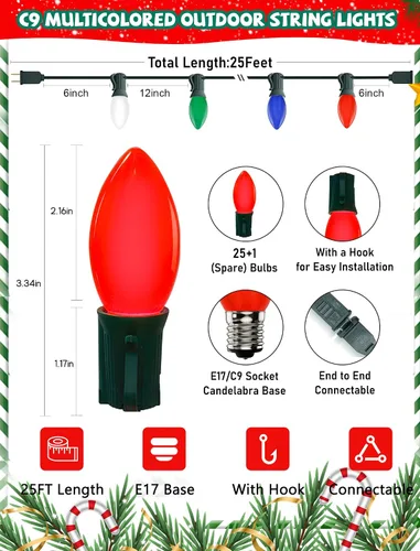 Miniatura 2 de Cadena de luces LED para exteriores de 25 pies, cadena de luces C9 con 27 bombillas multicolor pintadas en aerosol de 0.6 W, luces de Navidad