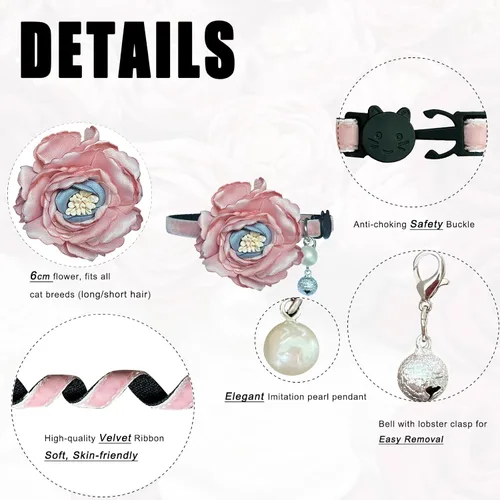 Miniatura 2 de Fupo Collar de gato - Breakaway ajustable con campana y flor (rosa)