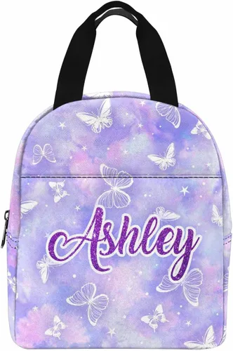 Miniatura 18 de InterestPrint Bolsa de almuerzo con nombre personalizado para hombres y mujeres, diseño de mariposa rosa y azul personalizada, caja de almuerzo