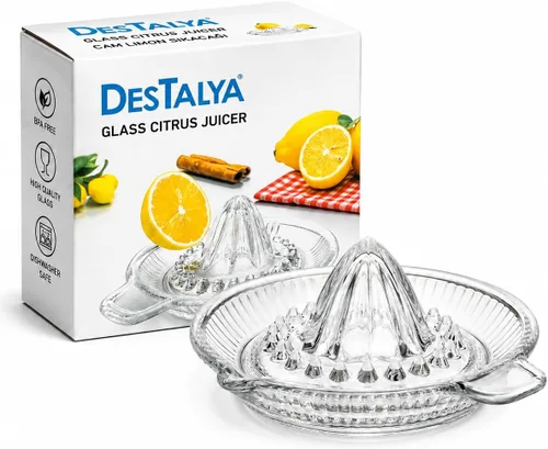 DESTALYA Exprimidor de limón | Exprimidor de cítricos de mano | Escariador de cristal, extractor manual con mango | Boquilla para verter jugo de