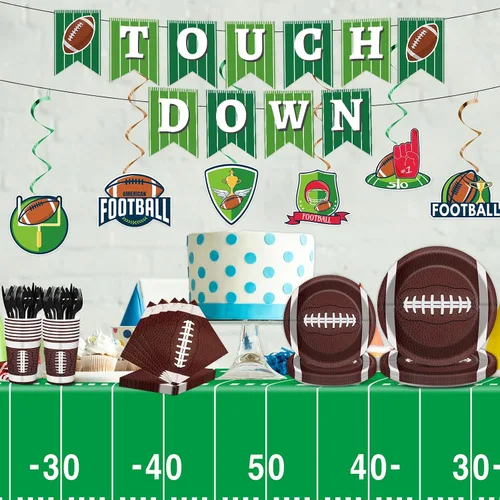 Miniatura 7 de Qyeahkj Juego de 184 piezas de decoración de fiesta de fútbol, incluye 25 platos, servilletas, vasos, mantel, remolinos colgantes, pancartas, kit
