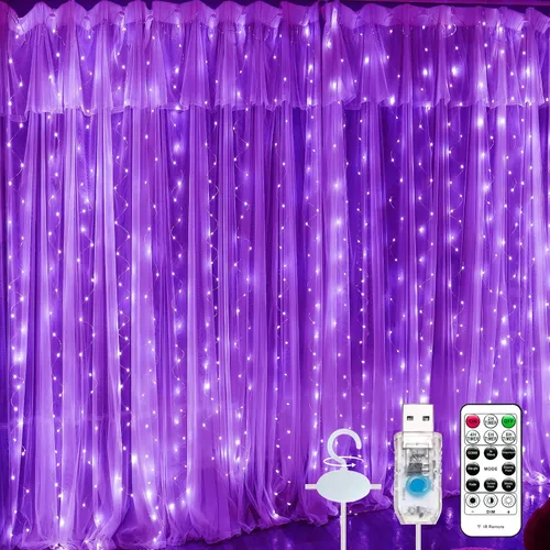 Luz de Cortina Morada para Dormitorio, 300 LED 9.8 pies x 9.8 pies Luz de Cortina de Hadas para Ventana con 16 Ganchos, Control Remoto de 8 Modos