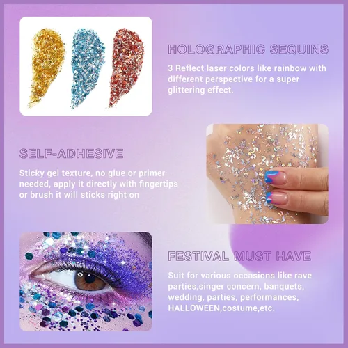 Miniatura 4 de BADCOLOR Juego de purpurina dorada, azul y rojo, purpurina holográfica brillante para cabello, uñas, labios, festivales de música, conciertos, rave