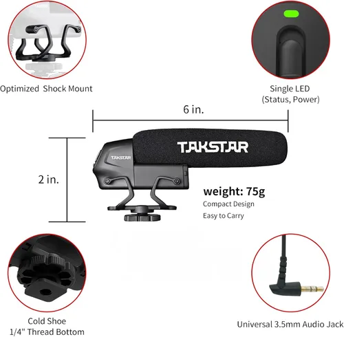 Miniatura 2 de TAKSTAR SGC-600 Micrófono universal para escopeta, micrófono de video para iPhone, teléfono Android, cámara Canon/Nikon/Sony y videocámara