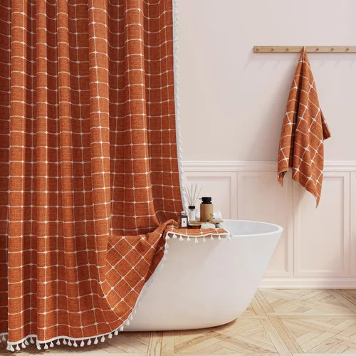 Miniatura 39 de BTTN Juego de cortinas de ducha estilo bohemio de granja con borlas, tela rústica de lino resistente, repelente al agua, cortinas de ducha gruesas A