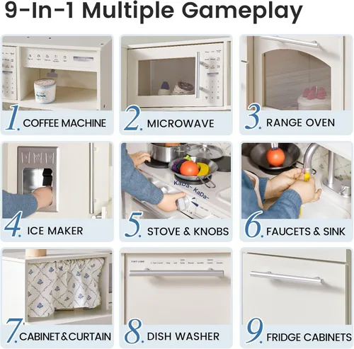 Miniatura 2 de Tiny Land Cocina de juego para niños, juguete de cocina de madera mejorado con áreas de juego completas, juego de cocina de simulación con Blanco