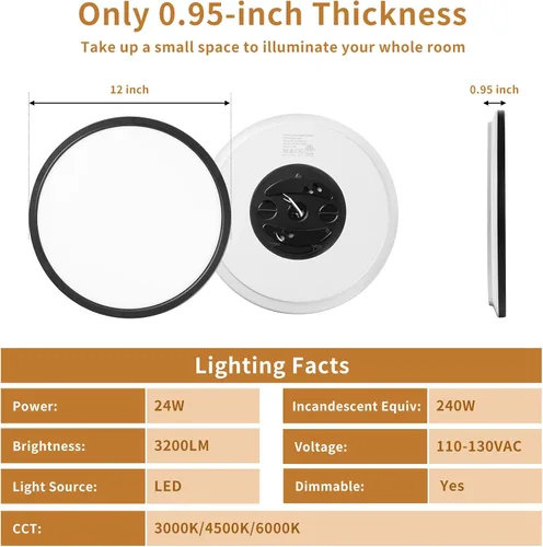Miniatura 5 de Lámparas de techo de montaje empotrado de 3200 lm, color negro, 12 pulgadas, luces LED de techo regulables para dormitorio, CCT ajustable 3000K