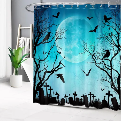 Miniatura 21 de Cortina de ducha de Halloween, cuervo negro, murciélago y árbol muerto en un bosque brumoso espeluznante con ganchos, cortina de baño de noche