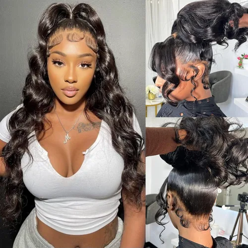 Miniatura 19 de Pelucas de encaje frontal de onda corporal 360 de cabello humano para mujeres, sin pegamento, previamente despuntadas con pelillos, 180 % de Peluca