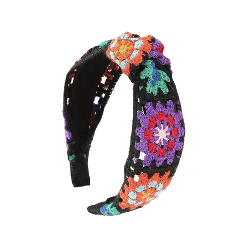 Miniatura 10 de LIANXUE Diadema de punto floral para mujer, turbante elástico, floral, ganchillo, cuadrado, estilo étnico, diadema envolvente para la cabeza