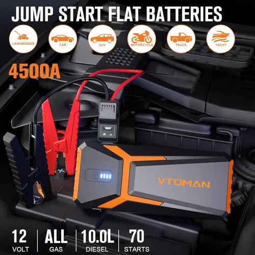 Miniatura 3 de VTOMAN V10 Pro 4500A Arrancador de coche portátil (todo a gas, motor diesel de 10.0L) caja de litio de 12 V, paquete de alimentación de batería +