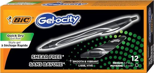 BIC Gel-Ocity - Bolígrafos de gel de secado rápido, punta media retráctil (0.028 in), bolígrafo de gel de tinta negra, 12 unidades, paquete de 18