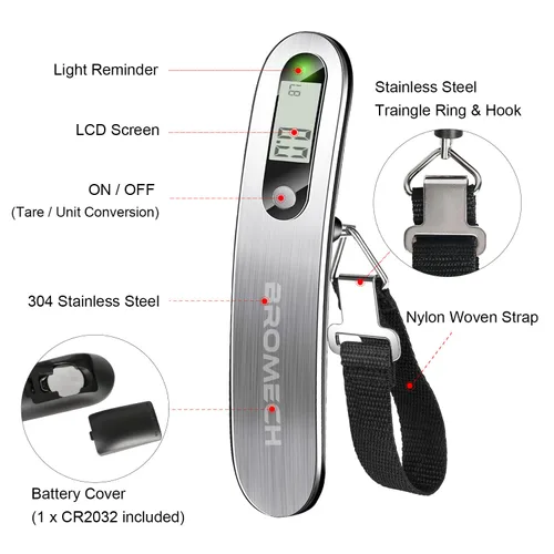 Miniatura 5 de BROMECH Báscula digital de equipaje, báscula de equipaje colgante de 110 libras, báscula de pesaje portátil de maleta de acero inoxidable, báscula