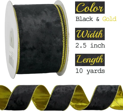 Miniatura 2 de MEEDEE Black and Gold Velvet Ribbon 2.5 inch with 10 Yards Spool Two Tone Velvet Wired Ribbon for Gift Wrapping, Halloween Wreaths, Christmas Tree