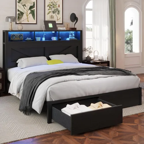 Miniatura 3 de Marco de cama Queen estilo granja con cabecero con estantería y cajones de almacenamiento, luces LED y estación de carga, no necesita somier, sin