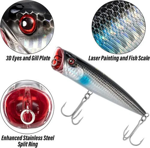 Miniatura 3 de Dr.Fish Popper - Señuelos de pesca de agua salada, 4/5.5 pulgadas GT Popper VMC anzuelos agudos señuelos de pesca para lubina, lucio, salmón en alta