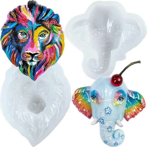 Moldes de silicona de resina epoxi con cara de león y elefante para tótem de animales espirituales, decoración de pasteles de fondant de safari en