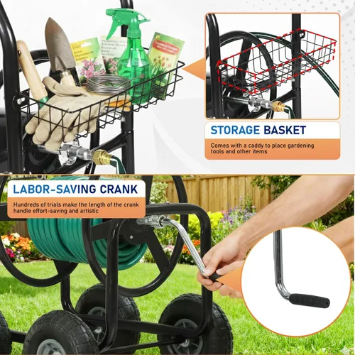 Miniatura 4 de FDW Carrito enrollador de manguera de jardín, carrito de manguera de agua con 4 ruedas, soporta hasta 300 pies de manguera de 5/8 pulgadas