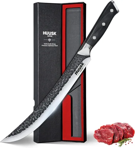 Huusk Cuchillo de carnicero para cortar carne, cuchillos curvados de 10 pulgadas con mango de madera, cuchillos japoneses para rebanar pechuga para