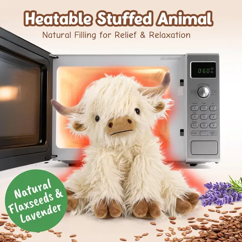 Miniatura 6 de Highland Cow - Animal de peluche para niños, apto para microondas y con peso, juguete de peluche de vaca de las tierras altas con aroma a lavanda