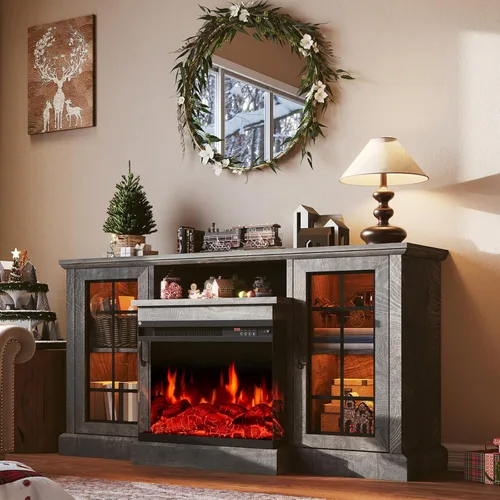 Miniatura 13 de Soporte de TV con chimenea de 59 pulgadas, mesa de consola central de entretenimiento de vidrio de 3 caras para televisores de hasta 65 pulgadas