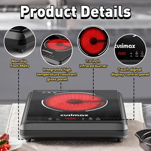 Miniatura 3 de CUSIMAX Placa caliente de 1500 W, estufa eléctrica infrarroja portátil para el hogar con 7 velocidades, sensor de estufa de encimera de cerámica