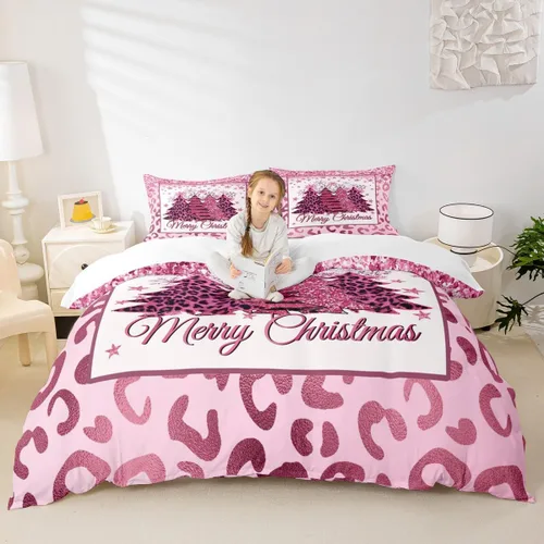 Miniatura 43 de Juego de funda de edredón para niños con diseño de Navidad, tamaño individual, camiones rojos y árboles de pino con copos de nieve, decoración