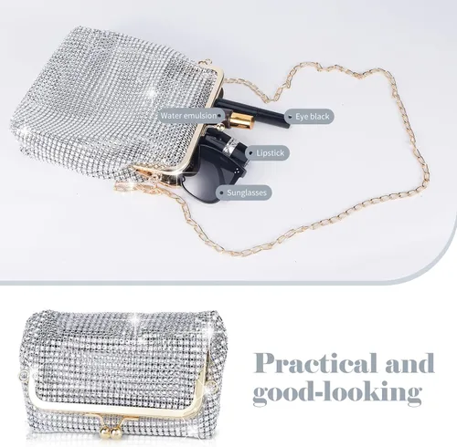 Miniatura 4 de QLBO Pequeño bolso plateado brillante para mujer, bolso de mano plateado con lentejuelas, bolso de mano plateado con diamantes de imitación