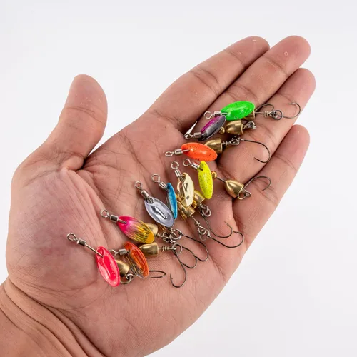 Miniatura 7 de Dr.Fish Paquete de 10 señuelos giratorios de pesca en línea con un solo gancho para trucha, spinnerbait, kits de señuelos Bass Crappie Salmón Kit