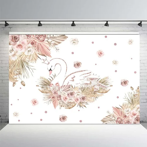MEHOFOND Telón de fondo bohemio de cisne, hierba de las pampas, color oro rosa, para baby shower, fiesta, fotografía, fondo de fotografía de flores