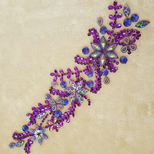 Miniatura 7 de Parches de cristal brillante hechos a mano puro de 3.9 x 16.5 in con diamantes de imitación para coser, apliques con piedras y cuentas de Morado