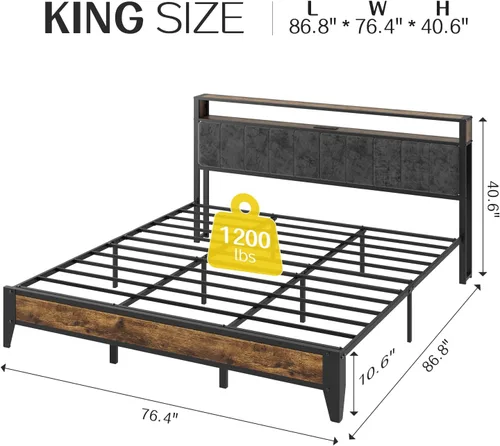 Miniatura 2 de OLEVS Base de cama King con cabecero, plataforma de metal tamaño King con almacenamiento de 2 niveles, luz LED y estación de carga tipo C,