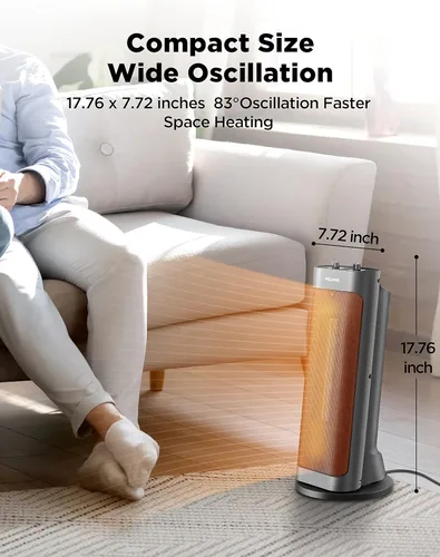 Miniatura 3 de PELONIS PTH15A2BGB Calentador de espacio de calentamiento rápido de 1500 W, termostato programable, fácil control, oscilación generalizada, Gris