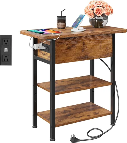 Miniatura 9 de WLIVE Mesa auxiliar con estación de carga, mesa auxiliar estrecha con estante de almacenamiento, mesita de noche pequeña con puertos USB y tomas