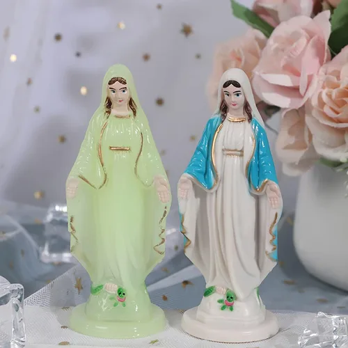 Miniatura 3 de Estatua de plástico Virgen María de 3.94 pulgadas, figura de Nuestra Señora de Gracia, estatuas católicas hechas a mano, decoraciones religiosas Azul