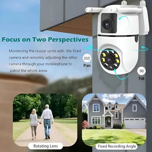 Miniatura 6 de Cámara de seguridad para el hogar, lente dual de cámara al aire libre, detección humana WiFi, visión nocturna HD, conversación de 2 vías, cámara