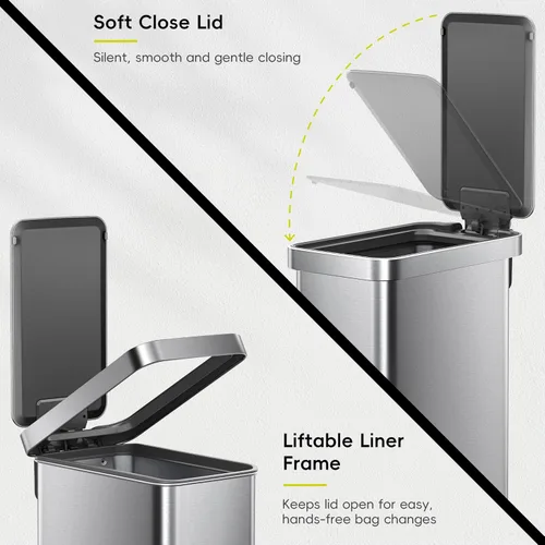 Miniatura 5 de EKO Hudson Slim - Cubo de basura para cocina de 50L/13.2 galones con tapa, cubo de basura de acero inoxidable con pedal para cocina o hogar, cubo