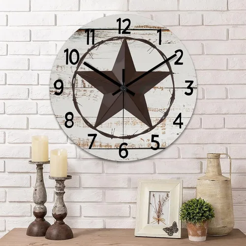 Miniatura 9 de Reloj de pared rústico de estilo retro clásico con estrella de Texas occidental, reloj de madera, silencioso, sin tictac, funciona