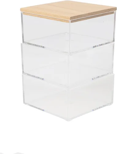 Miniatura 15 de Martha Stewart Brody - Contenedores organizadores de plástico con tapas de madera de paulownia para oficina en casa, cocina o baño, paquete de 3