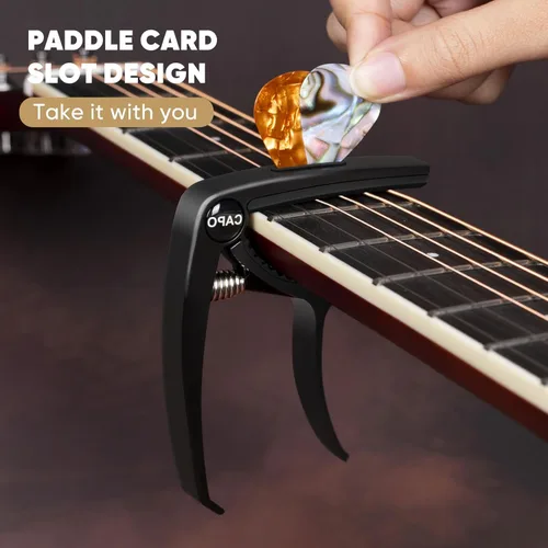 Miniatura 3 de AARVI Cejilla de guitarra de 6 cuerdas para guitarras acústicas y eléctricas, abrazadera universal con 4 púas de alta calidad, compatible con Negro