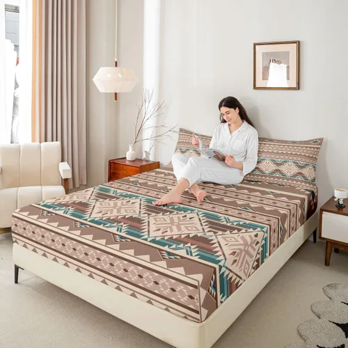 Miniatura 5 de Juego de ropa de cama occidental tamaño individual, sábanas aztecas, estilo nórdico exótico, bohemio, sábana bajera ajustable de tribu india