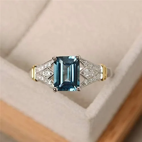Miniatura 2 de Anillo de boda de boda de oro blanco de 14 quilates con piedras preciosas de aguamarina vintage para mujer (6)