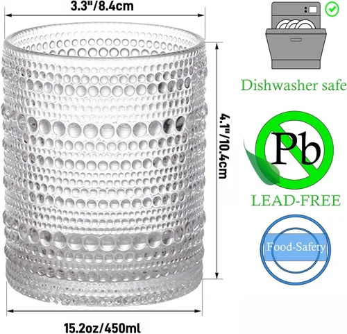 Miniatura 5 de Juego de 4 vasos de agua románticos de Hobnail de 15.2 onzas, cristalería vintage con diseño transparente en relieve, vasos de cóctel, vasos