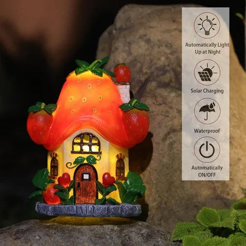 Miniatura 5 de Casas solares de jardín de hadas, decoración de hadas para exteriores, casas de fresa con luz solar para patio, balcón, patio, adorno de césped