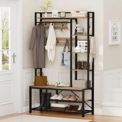 Miniatura 11 de BON AUGURE Perchero con almacenamiento de zapatos, banco de entrada reversible 5 en 1 con ganchos para abrigos para pasillo, perchero de madera